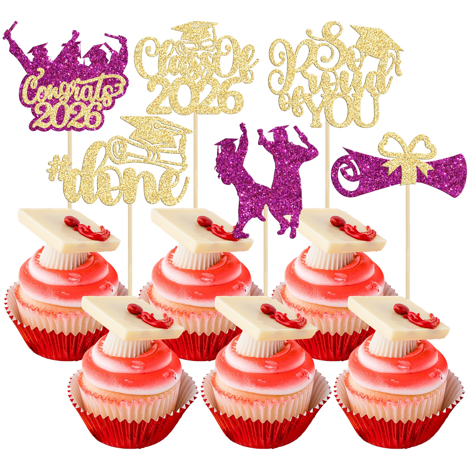 Gyufise 24Pcs Class of 2026 Cupcake Toppers Glitter 2026 Congrats Grad So Proud of You 2026 Cake Decorations Cap Diploma Cupcake Picks 2026 Graduation Theme Party Cake Decorations Supplies Purple — image 1