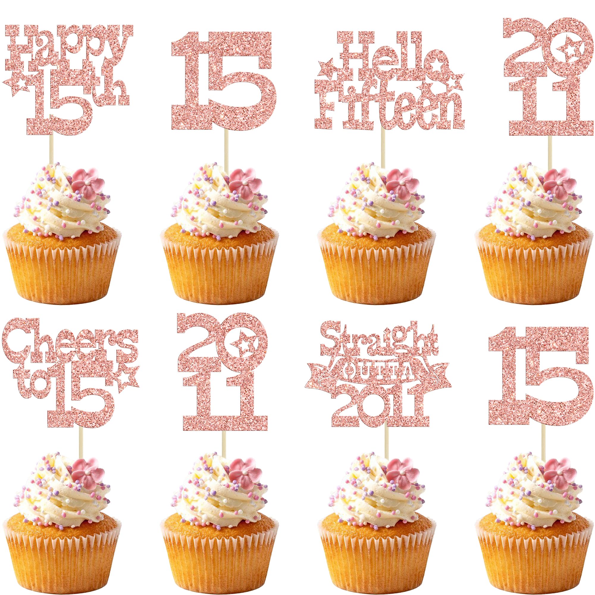 Ephlyn 30Pcs Happy 15th Birthday Cupcake Toppers Glitter Fifteen Straight Outta 2011 Cupcake Picks Cheers to 15 Years Cake Decorations for 15th Birthday Anniversary Party Supplies Rose Gold