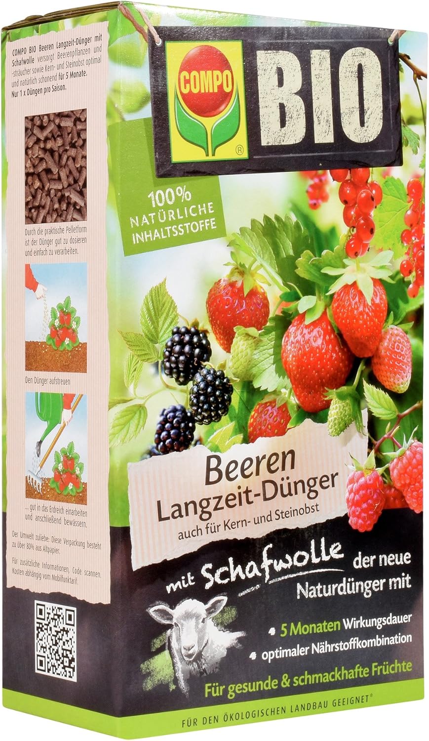 Compo BIO Beeren Langzeit-Dünger für alle Beerenpflanzen, Kern- und Steinobst, 5 Monate Langzeitwirkung, 2 kg