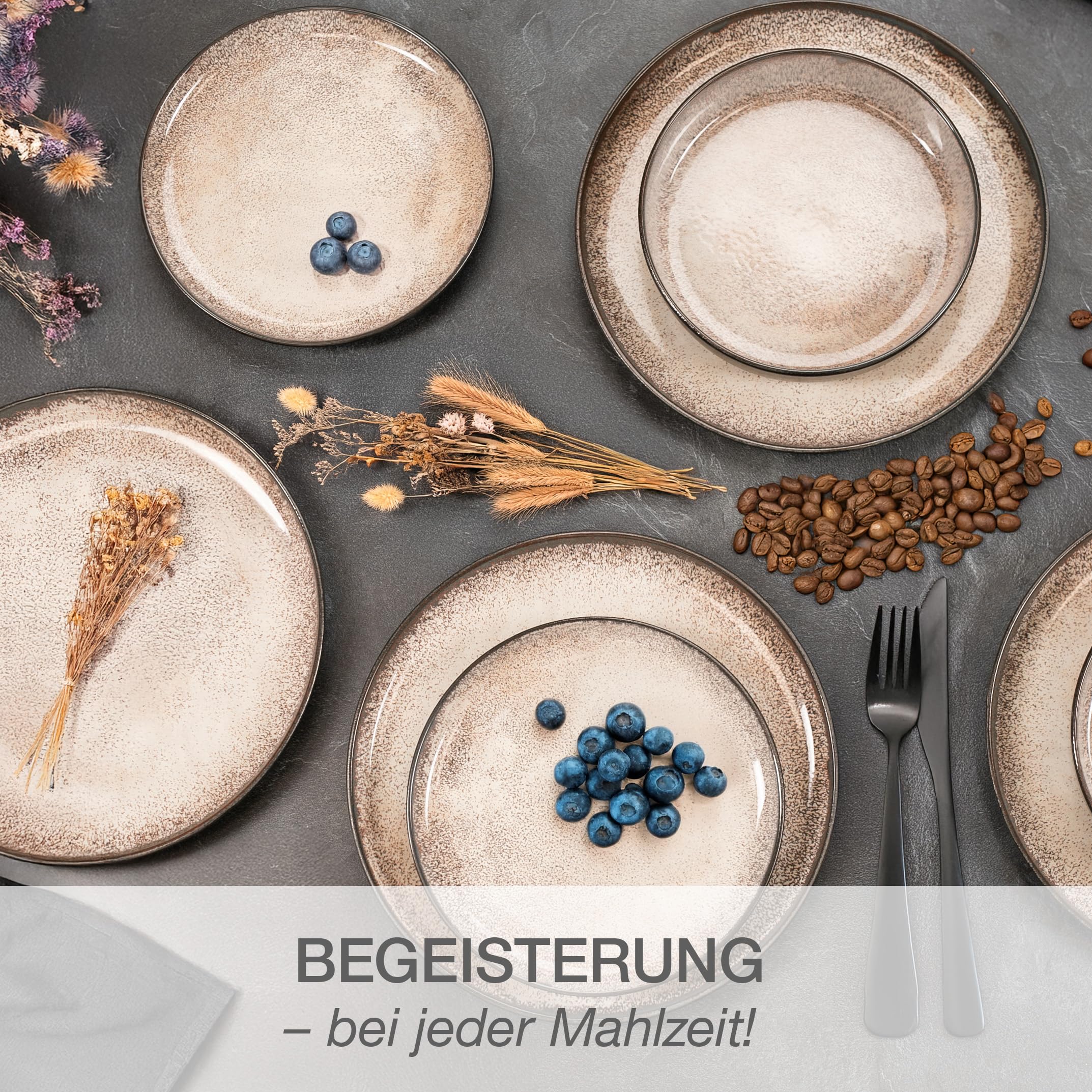 Moritz & Moritz VIDA Geschirrset 6 Personen Beige 18-tlg. - Modernes Porzellan Geschirr Set - Kratz-, Mikrowellen- & Spülmaschinenfest, Essgeschirr, Tafelservice, Kombiservice 6 Personen 7