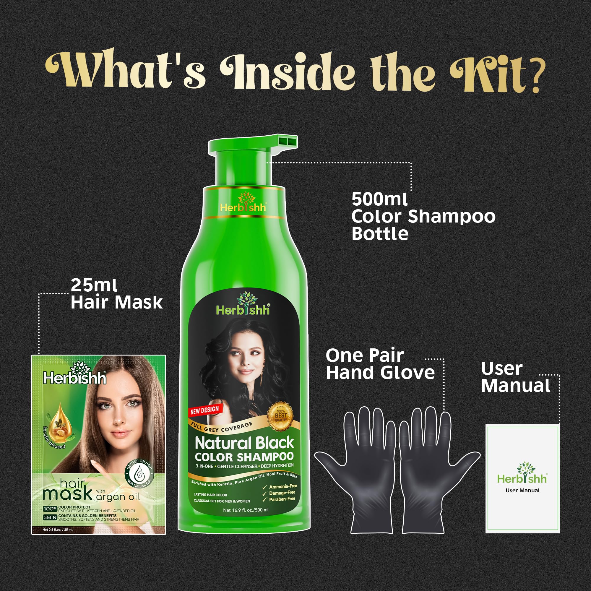 Herbishh Hair Color Shampoo for Gray Hair – Natural Hair Dye Shampoo – Colors Hair in Minutes – Lasts Up To 3-4 Weeks – 500ML – 3-In-1 Hair Color – Colors, Cleanses, and Conditions (Black)