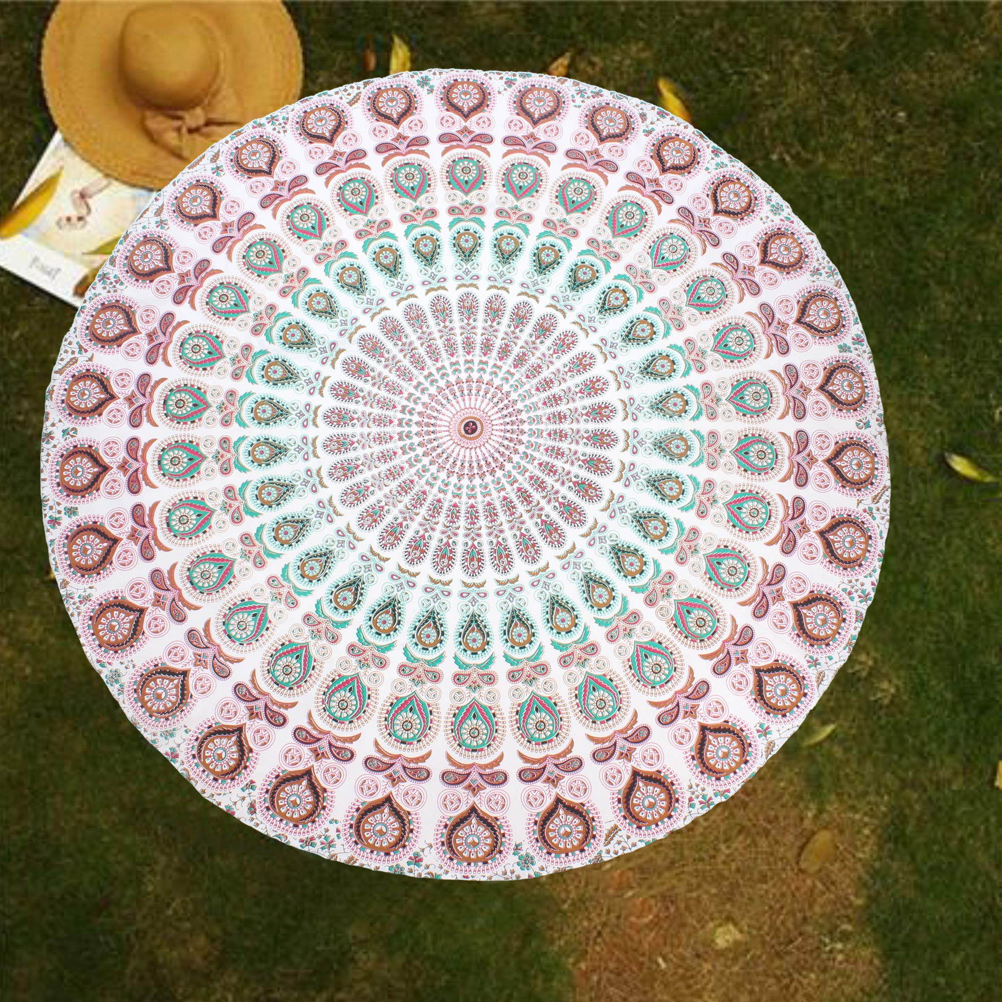 raajsee White Brown Round Beach Tapestry Hippie/Boho Beach Blanket Mandala/Indian Cotton Throw - Round Tablecloth/Home Decor/Indie Rug Yoga Mat Meditation Picnic Rugs 178 CM / 70 INCHE Circle