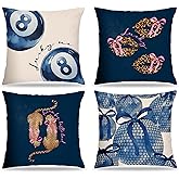 FITIE Trendy Lucky 8 Ball Leopard Print Pillow Covers 18x18, Coquette Room Decor, Retro Funky Blue Bow Disco Ball Cheetah Decorative Throw Pillow Covers for Girls Bedroom Dorm Home, Set of 4