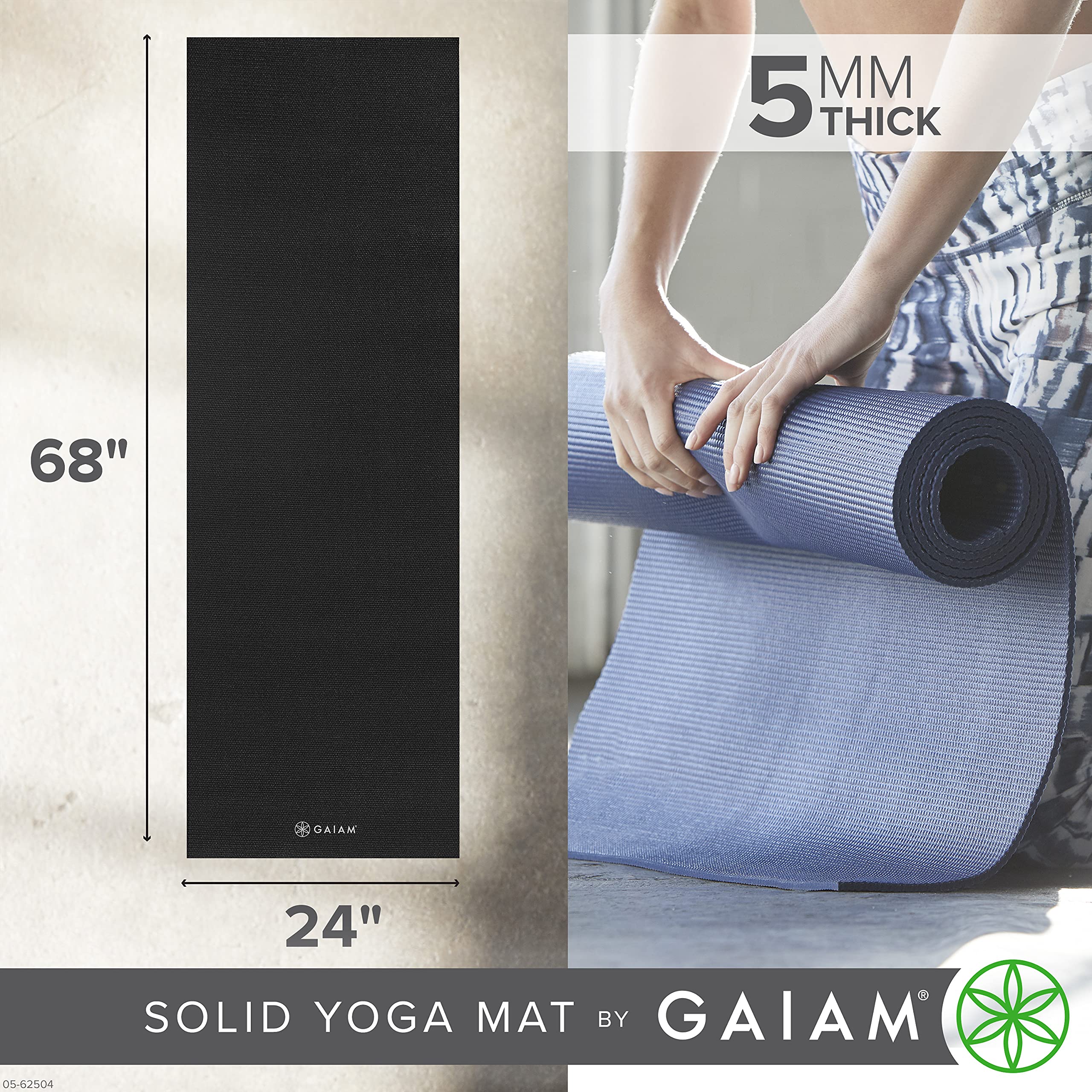 Gaiam Yoga Mat - Premium 5mm Solid Thick Non Slip Exercise & Fitness Mat for All Types of Yoga, Pilates & Floor Workouts (68