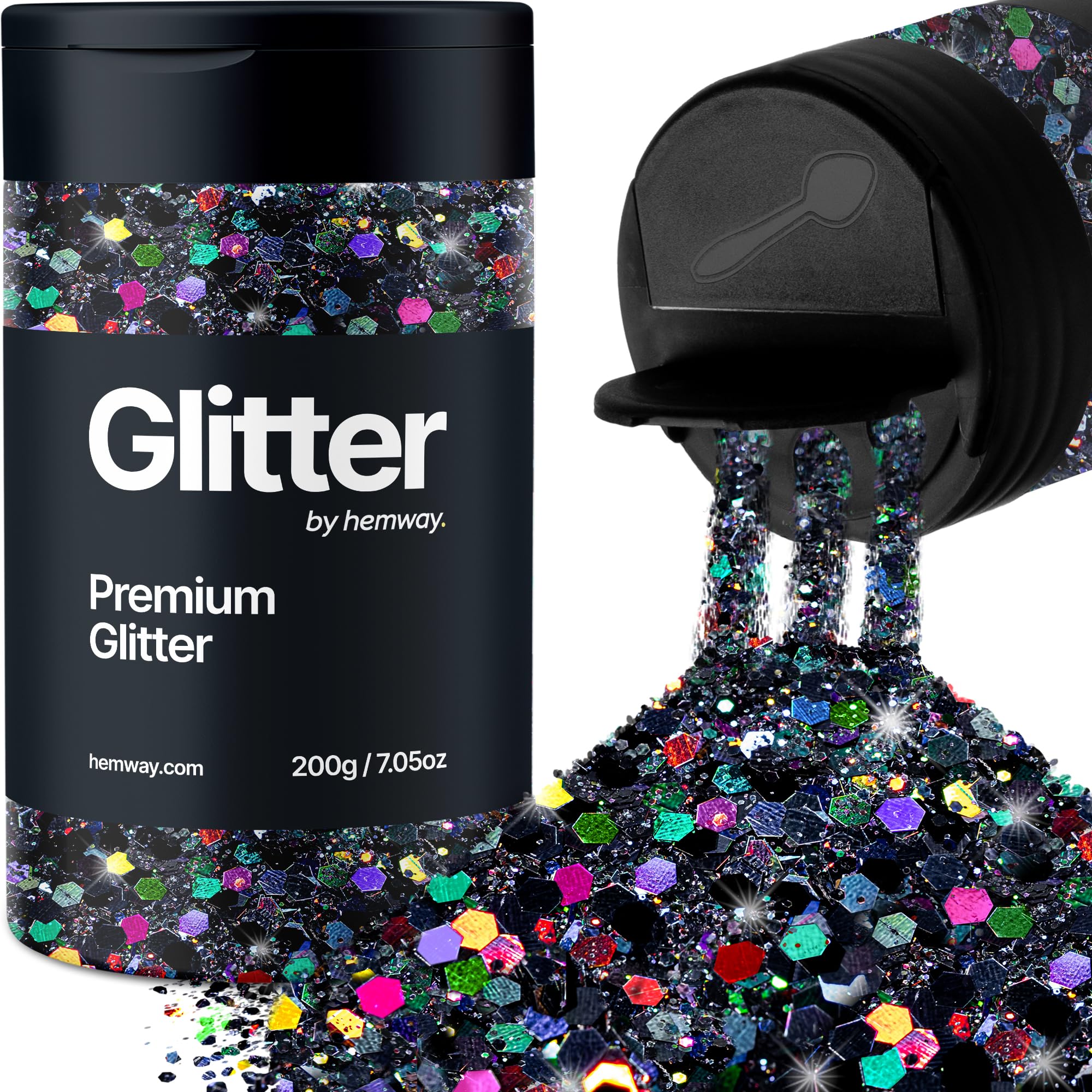 Hemway Premium Glitter Shaker - Black Holographic | 210g Multi Size Halloween Metallic Flake Sequins for Resin & Epoxy Crafts | Craft Supplies for Decorating Masks, Nail, Face, Bunting, Art