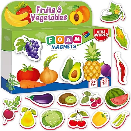 Amazon Little World フォーム冷蔵庫マグネット 1歳 2歳 3歳 子供向け冷蔵庫マグネット 大型ベビーマグネット 31個のマグネット野菜と果物 幼児学習用 安全な子供用マグネット おもちゃ おもちゃ