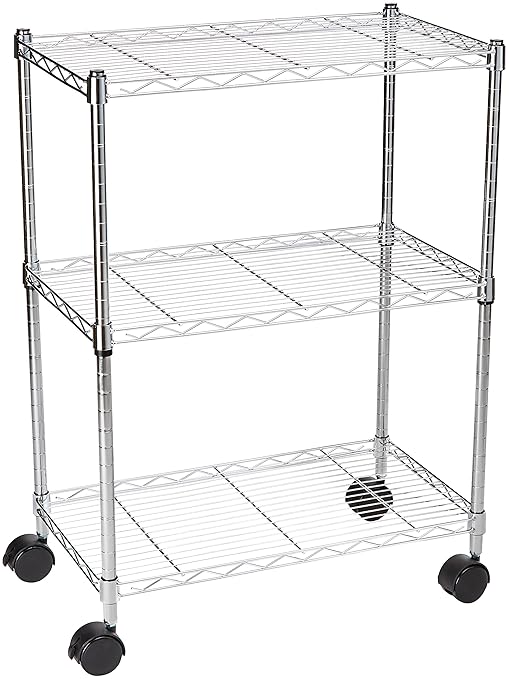 AmazonBasics - Regal mit Rollen und 3 Regalböden - Chrom