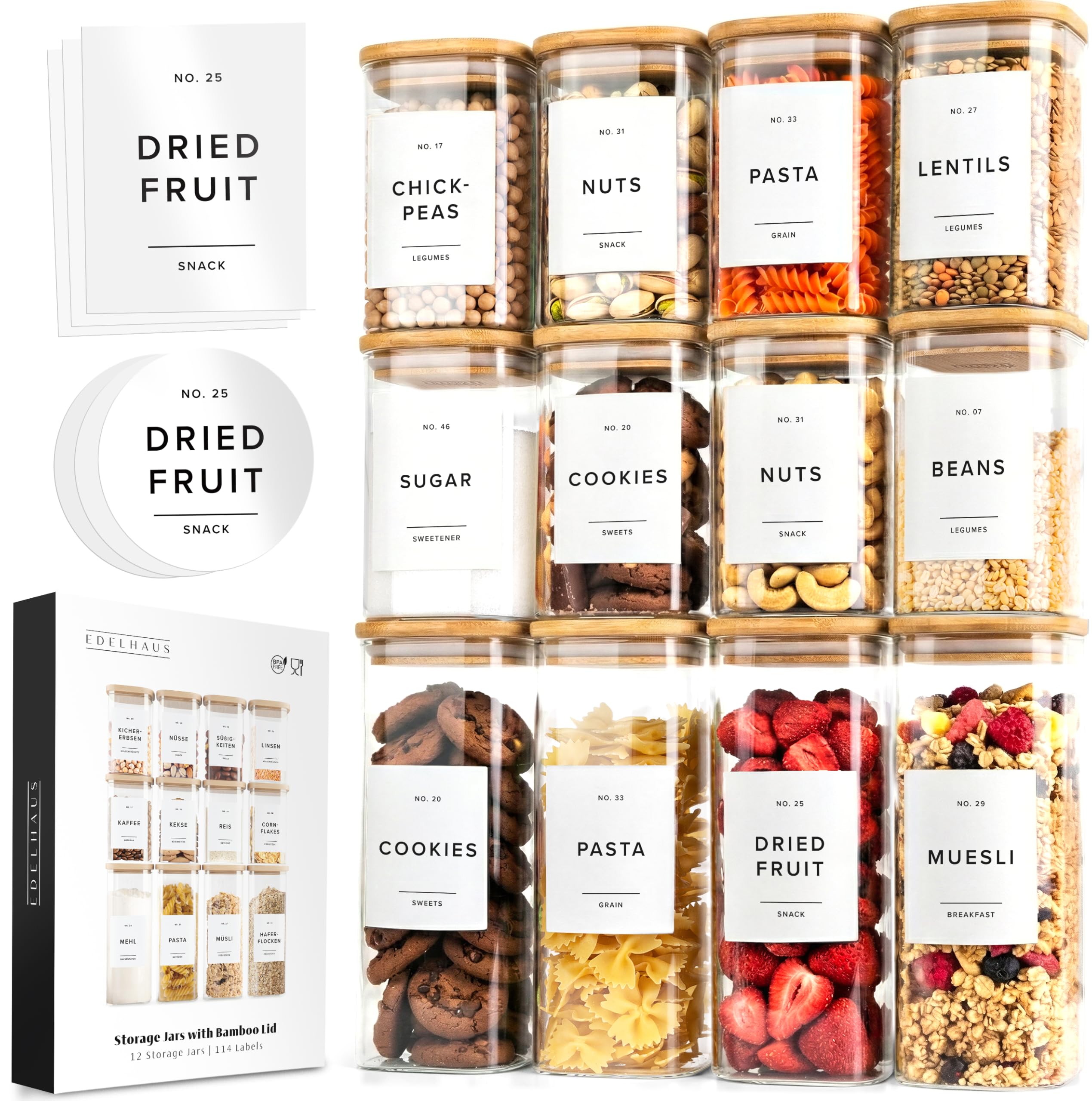 Photo 1 of Square Glass Storage Containers with Bamboo Lids 12-Pack (4x 30 oz, 8x 17 oz) Airtight Storage Jars with Lids for Food, Stackable Kitchen Canisters with 114 Labels for Pantry [Thicker Glass 3mm]