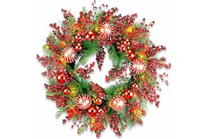 YULETIME 24" Mixed Berries Christmas Wreath - Artificial Holiday Wreath with Red & Purple Frosted Berries, Green Cypress Branches & Pine Needles