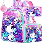 WZLVO 3PCS Unicorn Backpack for Girls, 16'' Kids Preschool Bookbag Set, Cute Water Resistant Kindergarten Elementary School Bag with Lunch Box
