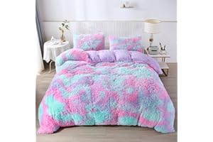 RYNGHIPY Purple Tie Dye Rainbow Duvet Cover Set, Fluffy Fuzzy Long Hair Faux Fur Crystal Velvet Bedding Set for Teens Girls (Purple,Twin)
