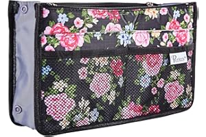 Periea Chelsy Purse Organizer Insert with Handles & 13 Pockets - 3 Sizes (Black Floral, Medium)