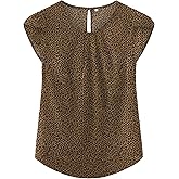 TASAMO Women's Casual Round Neck Basic Pleated Top Cap Sleeve Curved Keyhole Back Chiffon Blouse