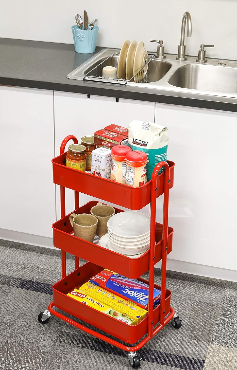 SimpleHouseware Heavy Duty 3-Tier Metal Utility Rolling Cart, Red : Office Products