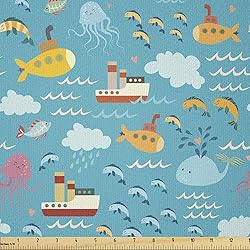 Ambesonne Ocean Fabric by The Yard, Marine Pattern