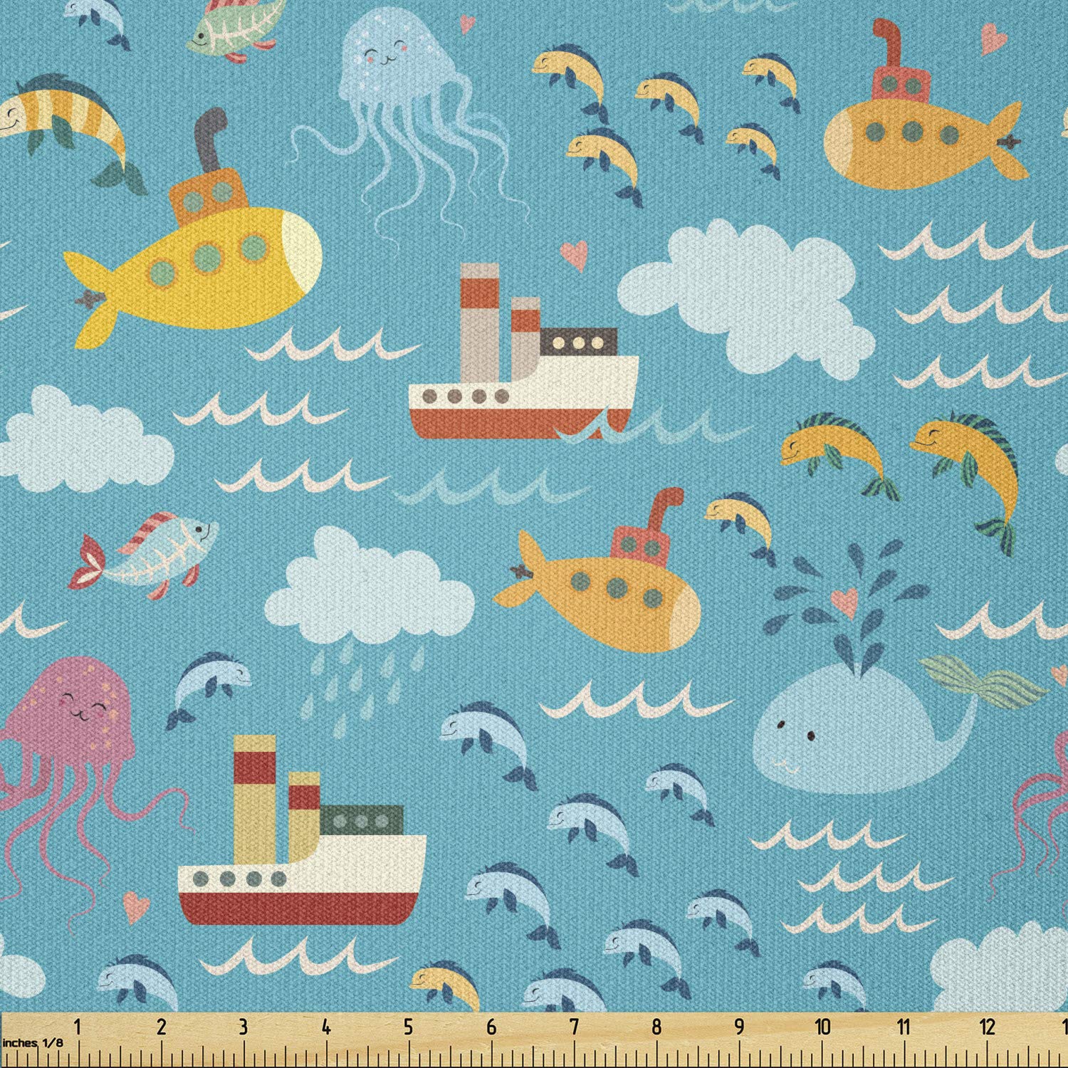 Ambesonne Ocean Fabric by The Yard, Marine Pattern