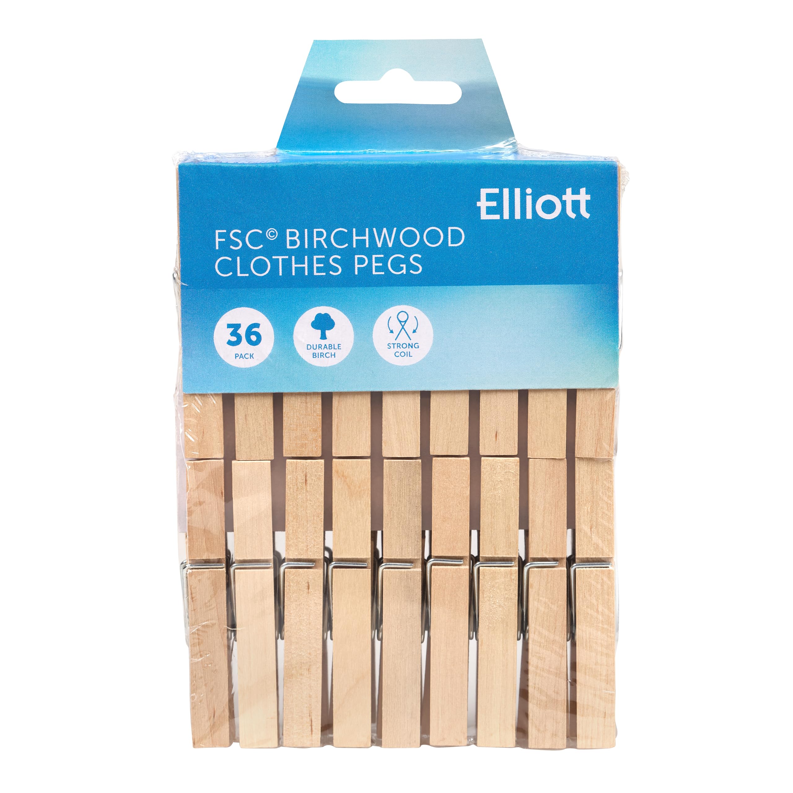 Elliott 36 FSC Strong Grip Hardwood coil spring clothes Pegs for washing lines, clothes horse and Arts & crafts use, free from plastic and 100% recyclable, for all laundry types