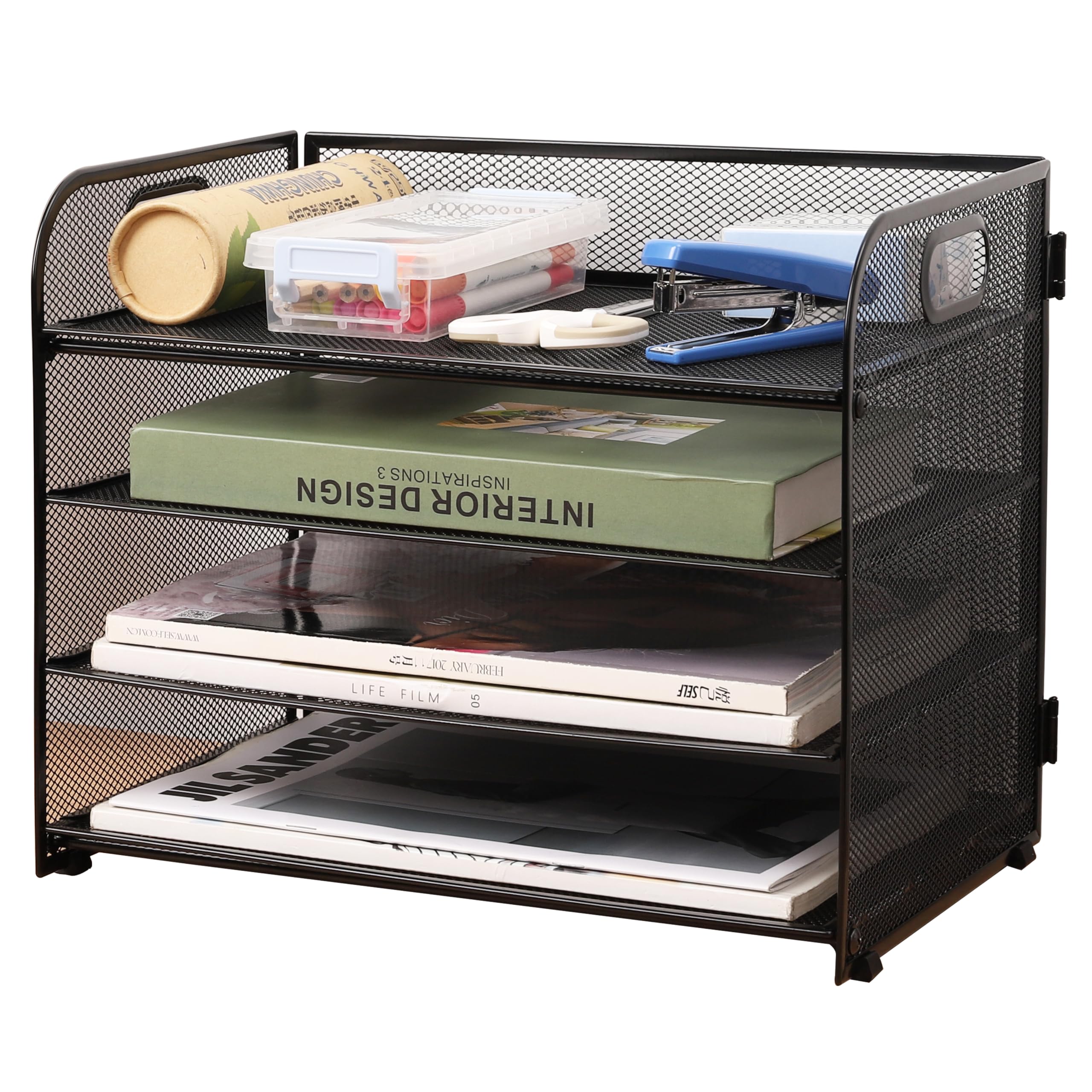 Mesh Desk File Organiser, 4-Tier Office Paper Organizer File Document Holder A4 Paper Filing Trays for Home Office School