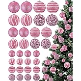 Sonwyoung 32 Pcs Christmas Hanging Balls - 3 Size Glitter Pearl & Sequin Xmas Tree Ornaments Pearl Balls for Thanksgiving Day Xmas Trees Wreath Garland Holiday Party(Pink)