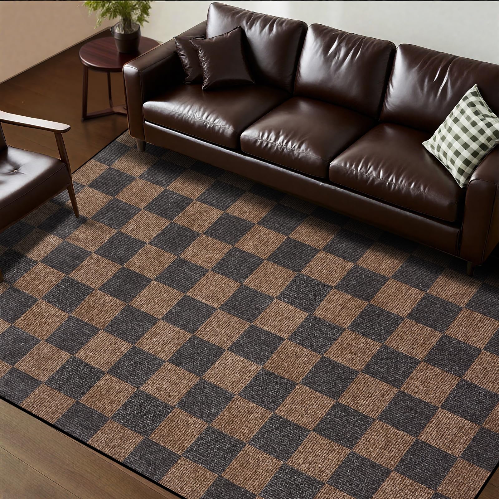 Photo 1 of Washable Rug 5x7 Checkered Rug, Black and Brown Area Rug, Boho Large Rugs for Living Room, Low Pile Lightweight Indoor Carpet with Non-Slip Backing for Bedroom Classroom Playroom Kids