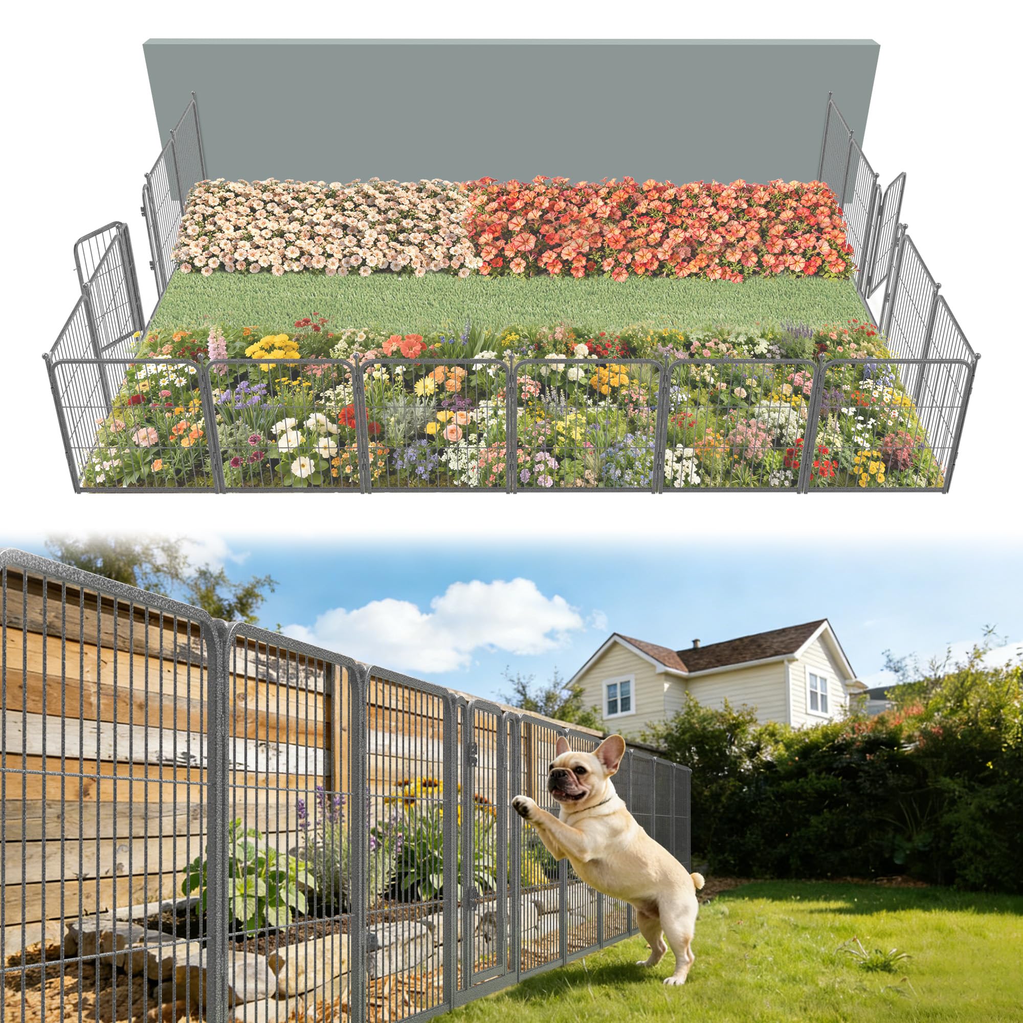 FXW Garden Fence Outdoor for the Yard – 24in(H) x 30.4ft(L) Heavy Duty Metal Animal Barrier for Dog, No Dig Decorative Dog Fence, 16 Panels, Silver Image