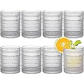 Set of 8 Vintage Drinking Glasses, 12 oz Hobnail Romantic Glasses Tumbler, Clear Water Glasses Embossed Vintage Glassware Set