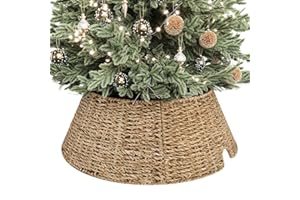 ELYKEN 13 Inch Mini Christmas Tree Collar, Seagrass Woven Xmas Tree Skirt for Artificial Trees, Rustic Farmhouse Wicker Tree 
