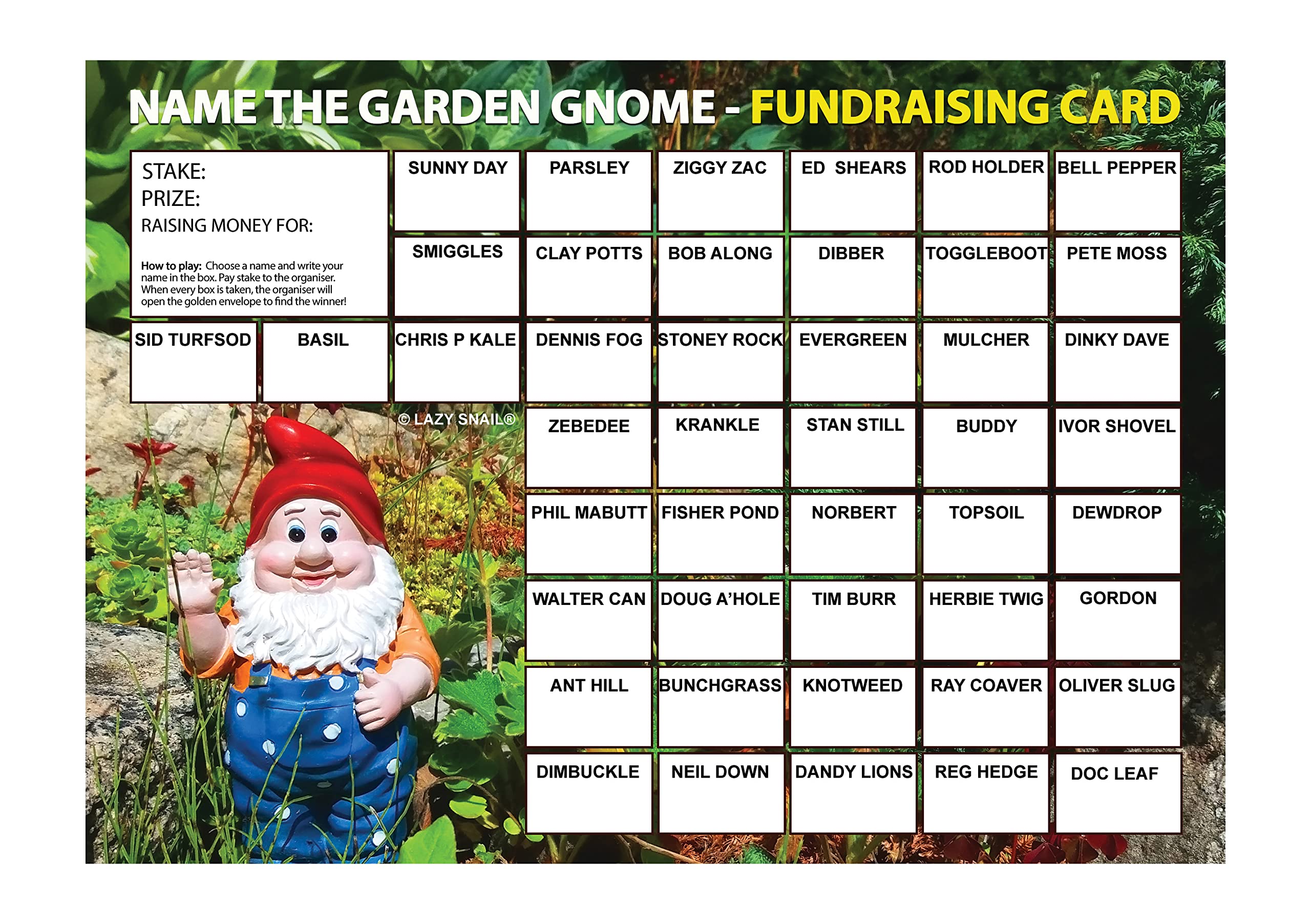 Lazy Snail ‘Name the Garden Gnome’ Fundraising Cards Pack of 8 (A4 Size, 45 Squares per Card) Fun Golden Winner Envelopes Full Colour Charity Fundraising Game for Schools, Clubs & Community Events