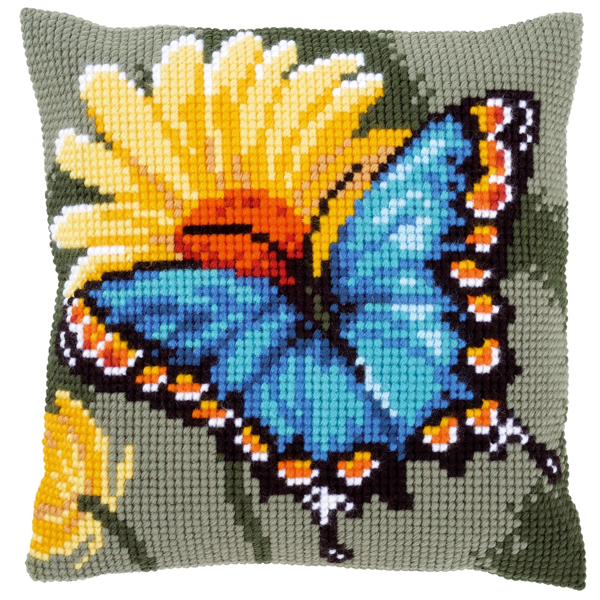 Vervaco Cross Stitch Kit: Cushion: Butterfly & Yellow Flower, COTTON, NA, 40 x 40cm