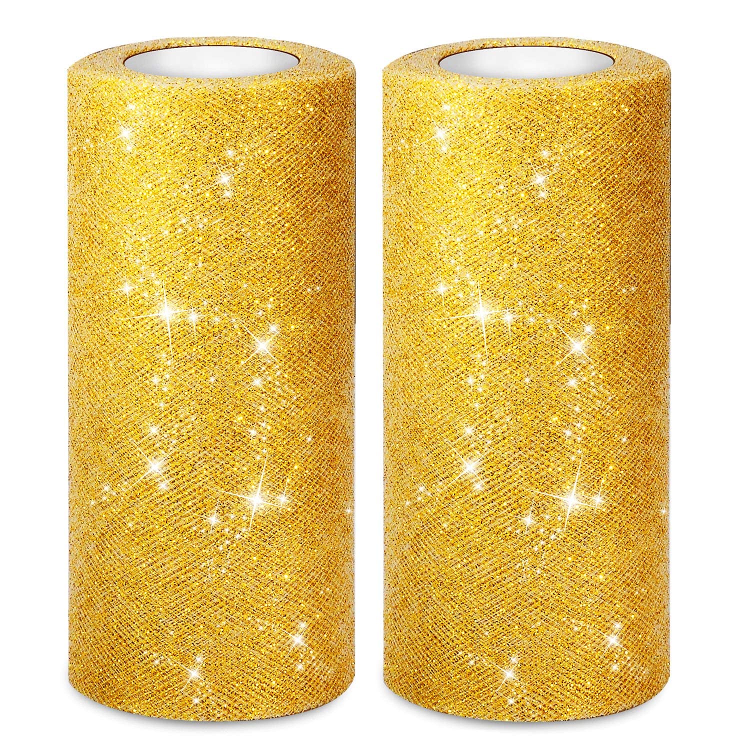 Jomnvo 2 Rolls 50 Yards 6” Wide Sparkling Tulle Roll Glitter Tulle Fabric Ribbon Roll Spool for Bow Making Tutu Skirt Wedding Christmas Tree Decoration, Gold