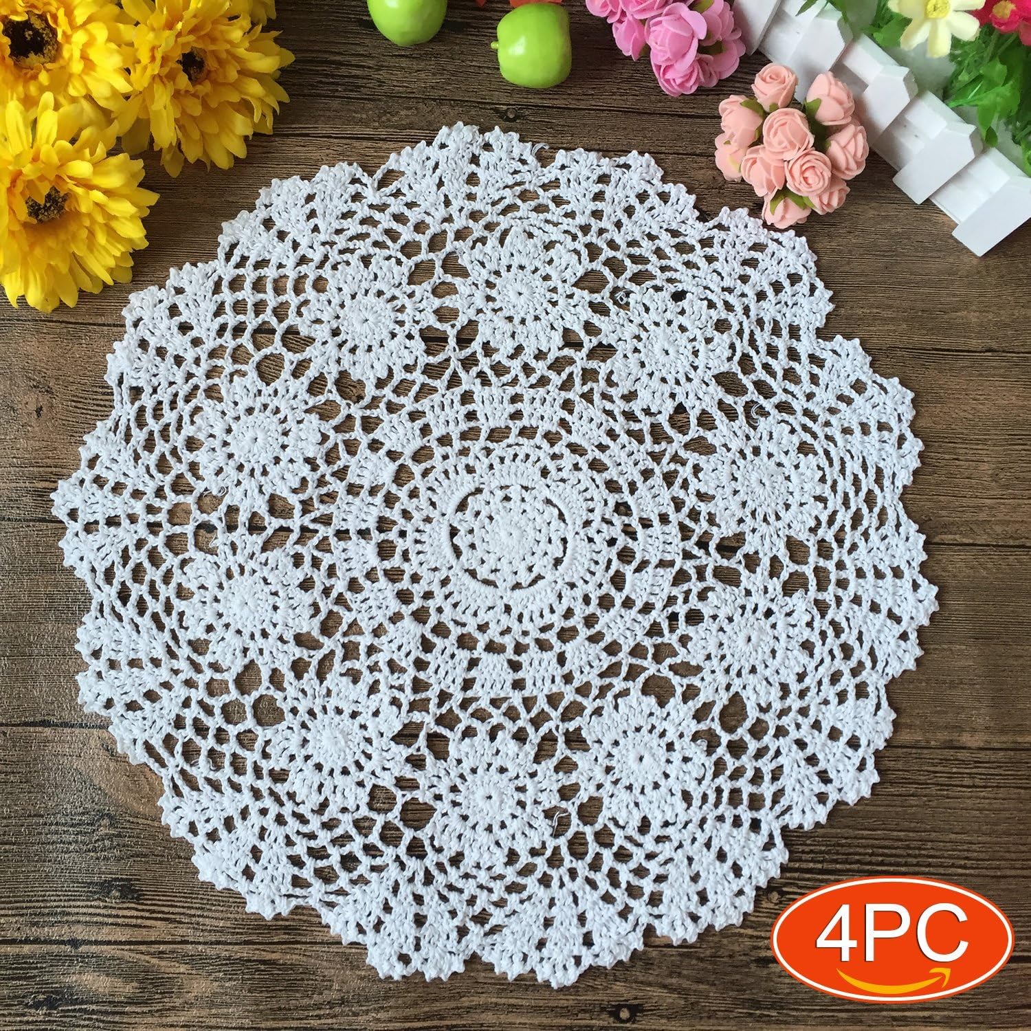 Elesa Miracle 16 Inch 4pc Handmade Round Crochet Cotton Lace Table Placemats Doilies Value Pack, Flower, Beige/White (4pc-16 Inch White)