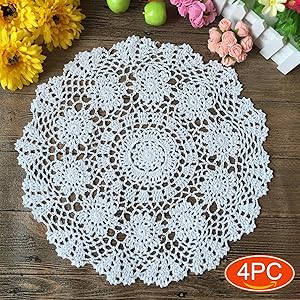 Elesa Miracle 16 Inch 4pc Handmade Round Crochet Cotton Lace Table Placemats Doilies Value Pack, Flower, Beige/White (4pc-16 Inch White)