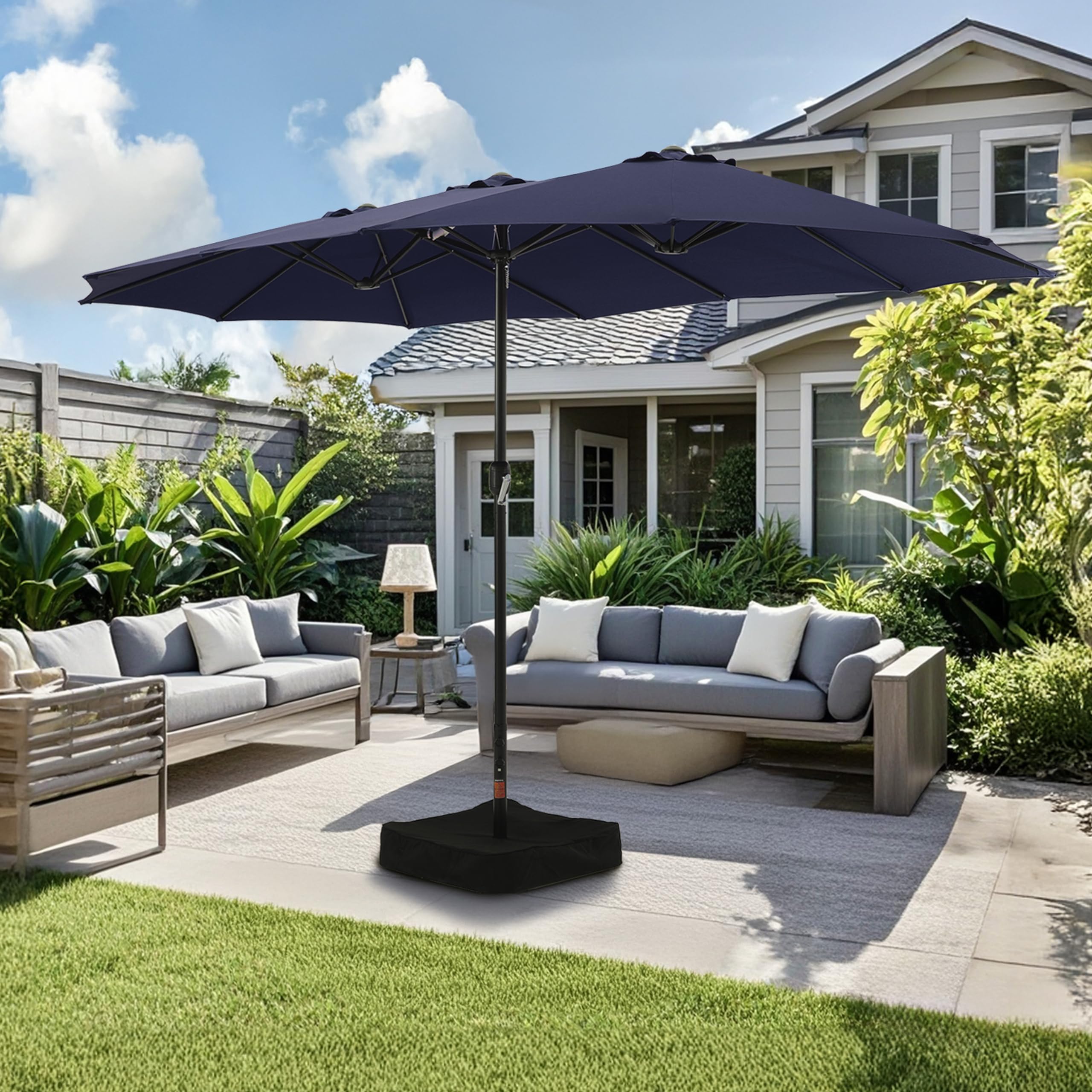 Photo 1 of **MISSING PARTS**Caprihom Large Patio Umbrella with Base Included,15ft Double Sided Outdoor Rectangular Patio Umbrella with Crank Handle, for Lawn Garden, Blue