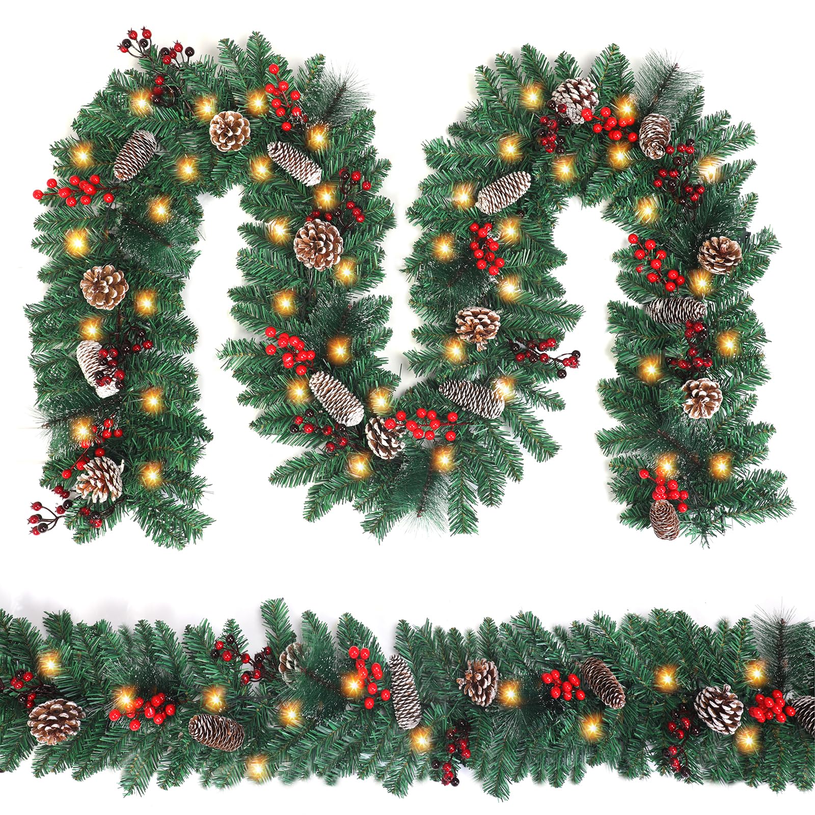Photo 1 of 9FT Christmas Garland, Battery Operated Lighted Garland with Pine Cones Red Berries Lush Branches?50 LED Lights 8 Modes, Christmas Decorations