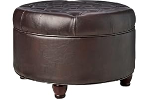 Homepop Home Decor | Button Tufted Faux Leather Round Storage Ottoman | Ottoman with Storage for Living Room & Bedroom (Distressed Brown)