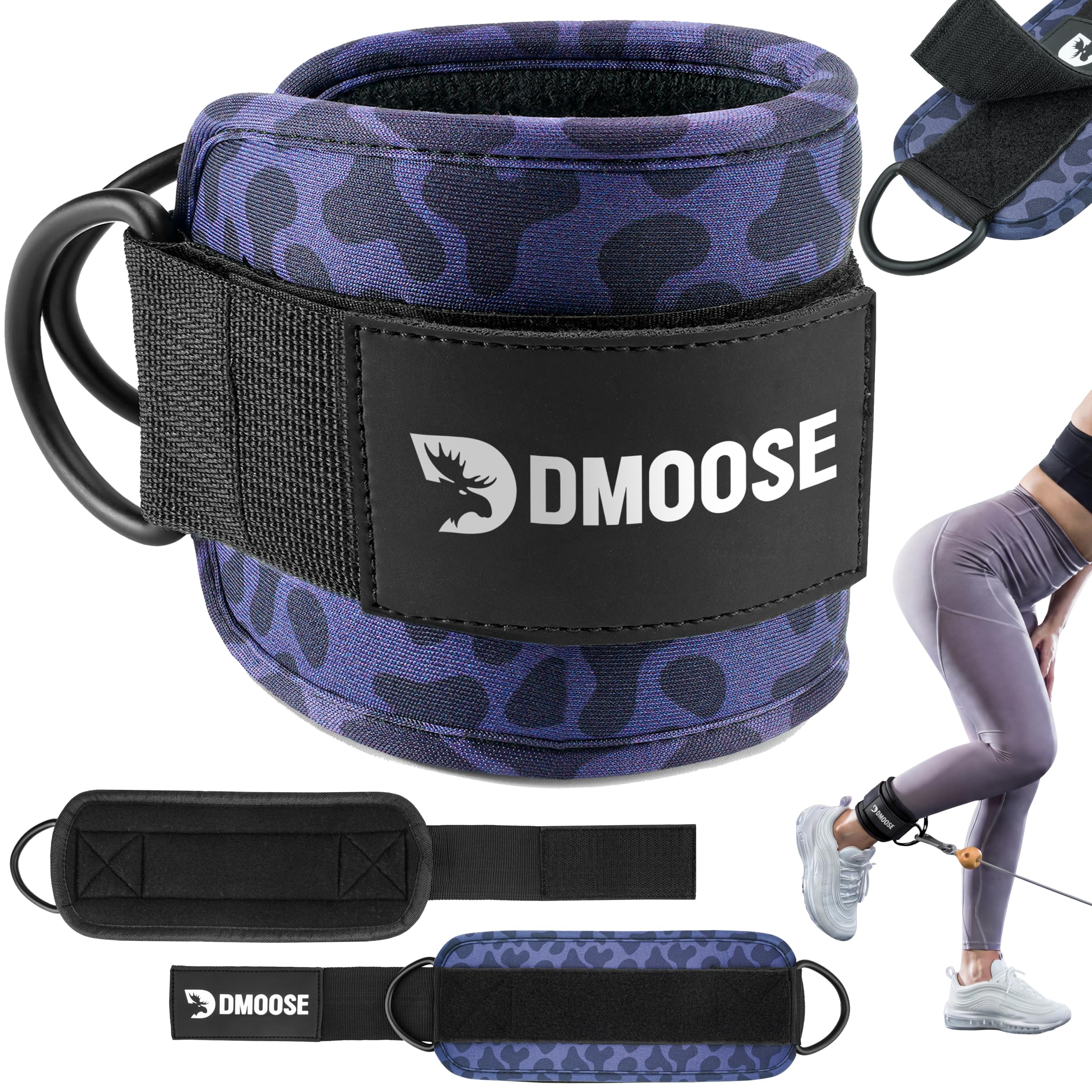 DMoose Ankle Strap Bodybuilding Pulley – One Size with Premium Padding Ankle Straps for Sports, Kickback, Butt Training (Black Leopard – Individual, Individual)