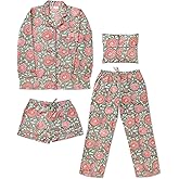 Huar Women Pajama Set, 4 pcs Button Down Vacation Beach Cotton Set, Lounge wear PJ Set For Birthday