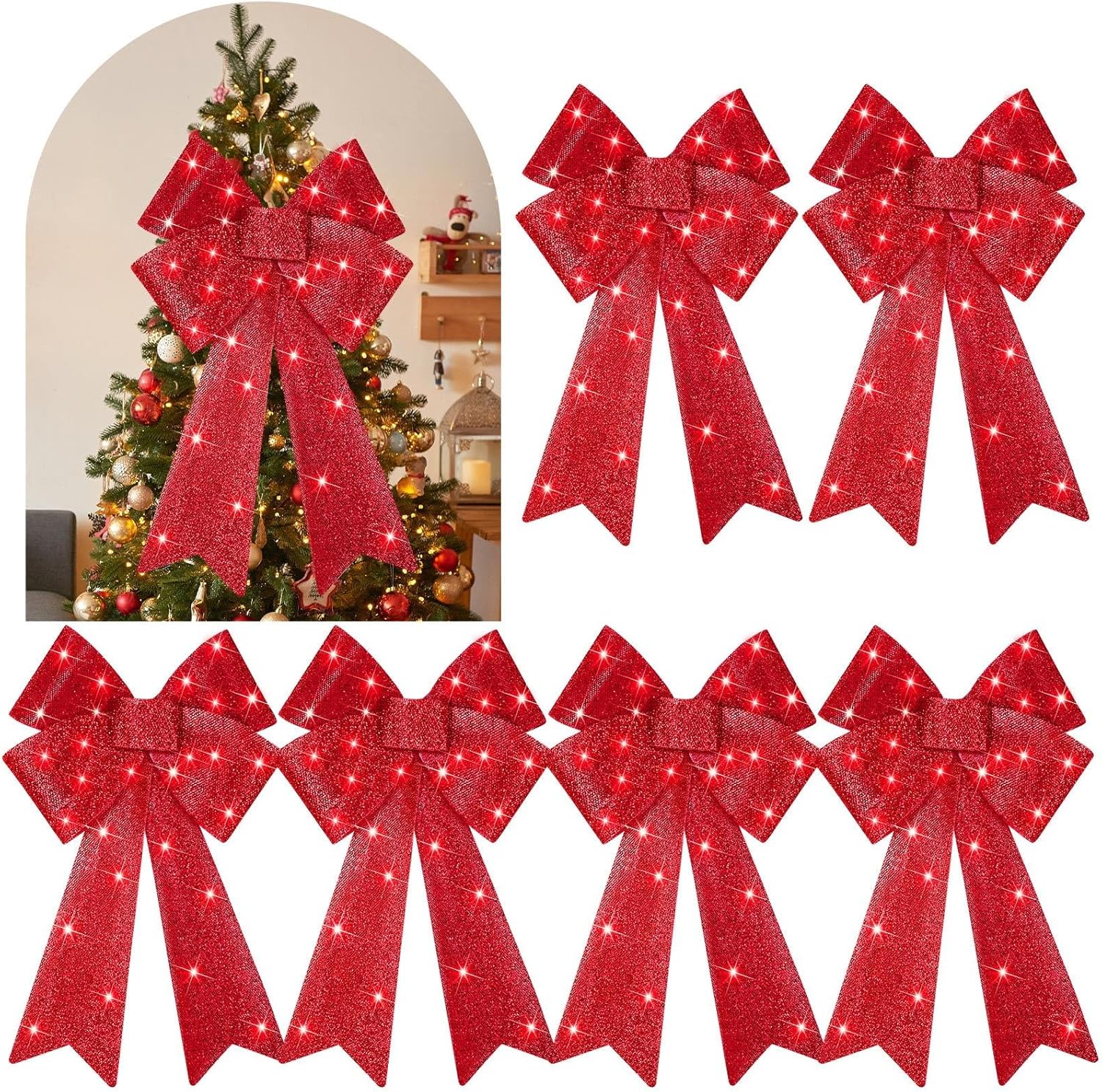 Bows & Ribbons - Lyrow 6 Pcs Lighted Christmas Bows Wreath Decoration Large LED Red Christmas Tree Topper Decorative Bow Lighted Red Bow Outdoor LED Lights Bow with Timer Function (Fresh Style,24 x 12 Inch)