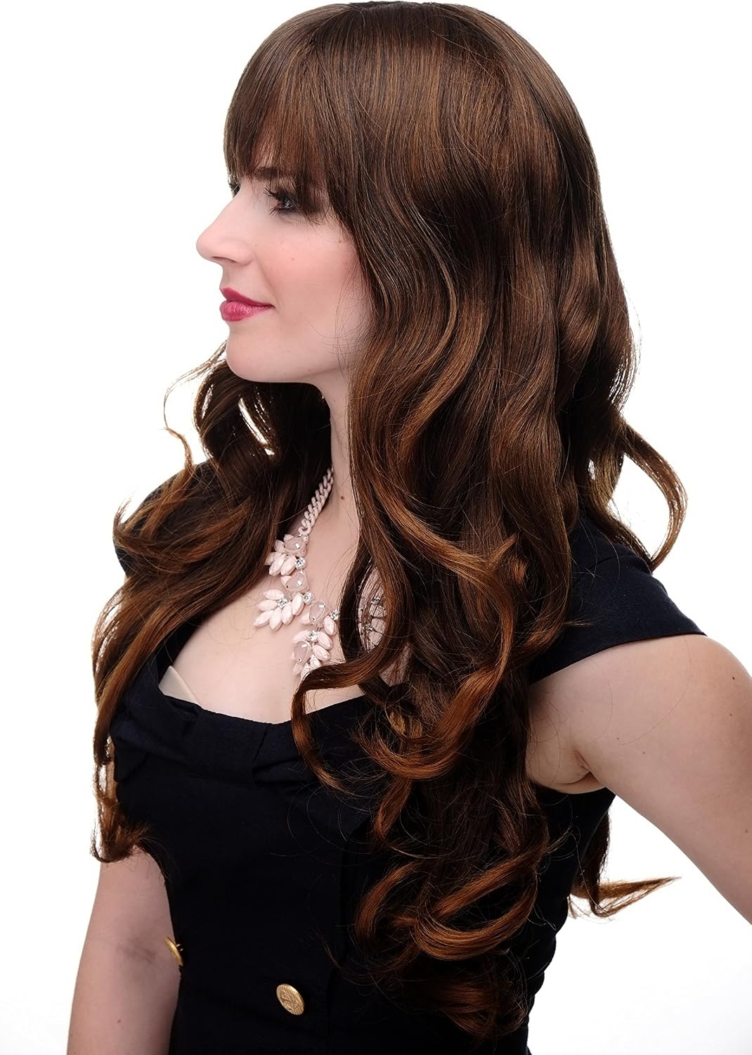 WIG ME UP 285-2T30 Lady Quality Wig very long beautiful curling ends straight top fringe bangs chestnut mixed brown approx 25inch - Image 3