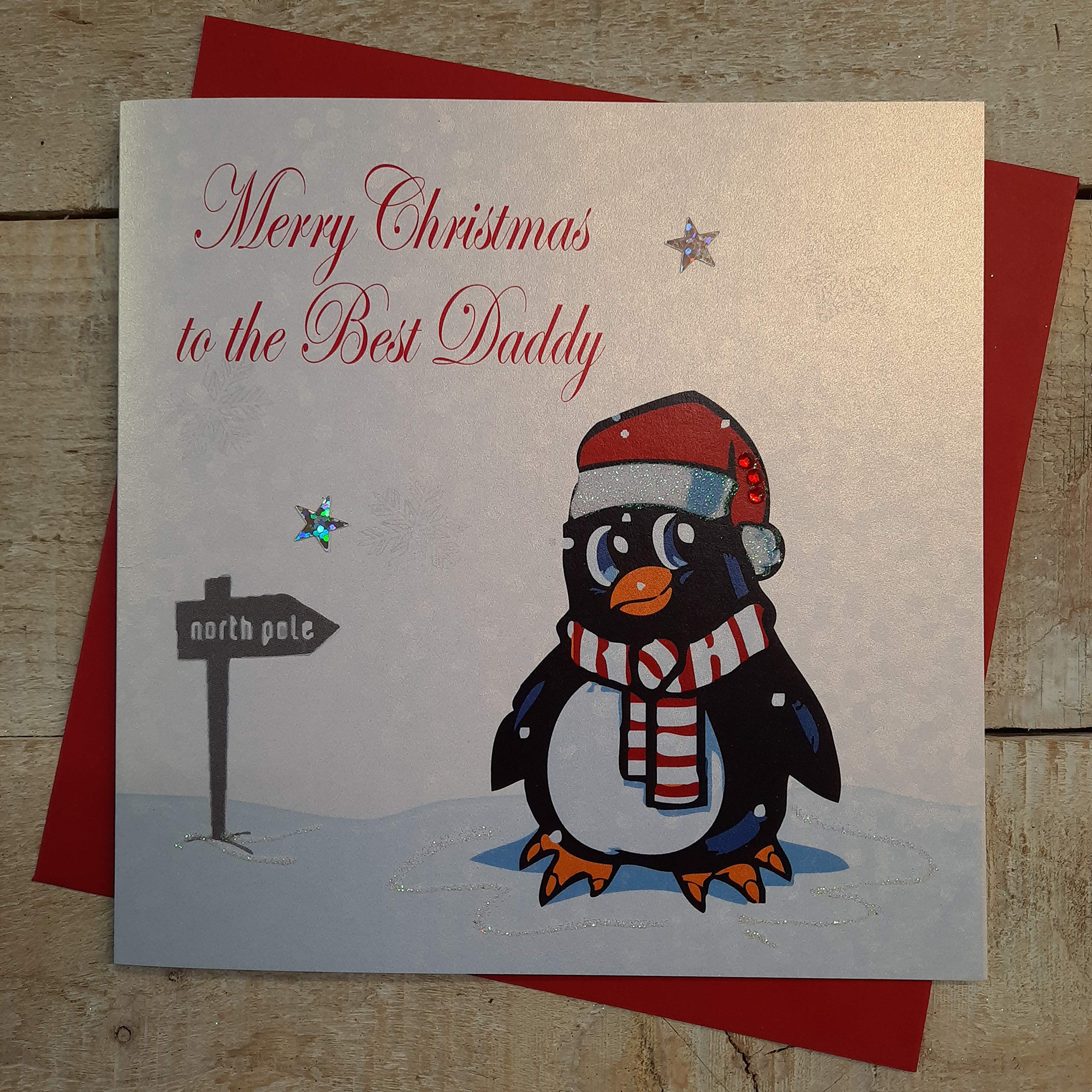 WHITE COTTON CARDS Merry Best Daddy, Handmade Christmas Card. (Penguin, Code xx14-102)