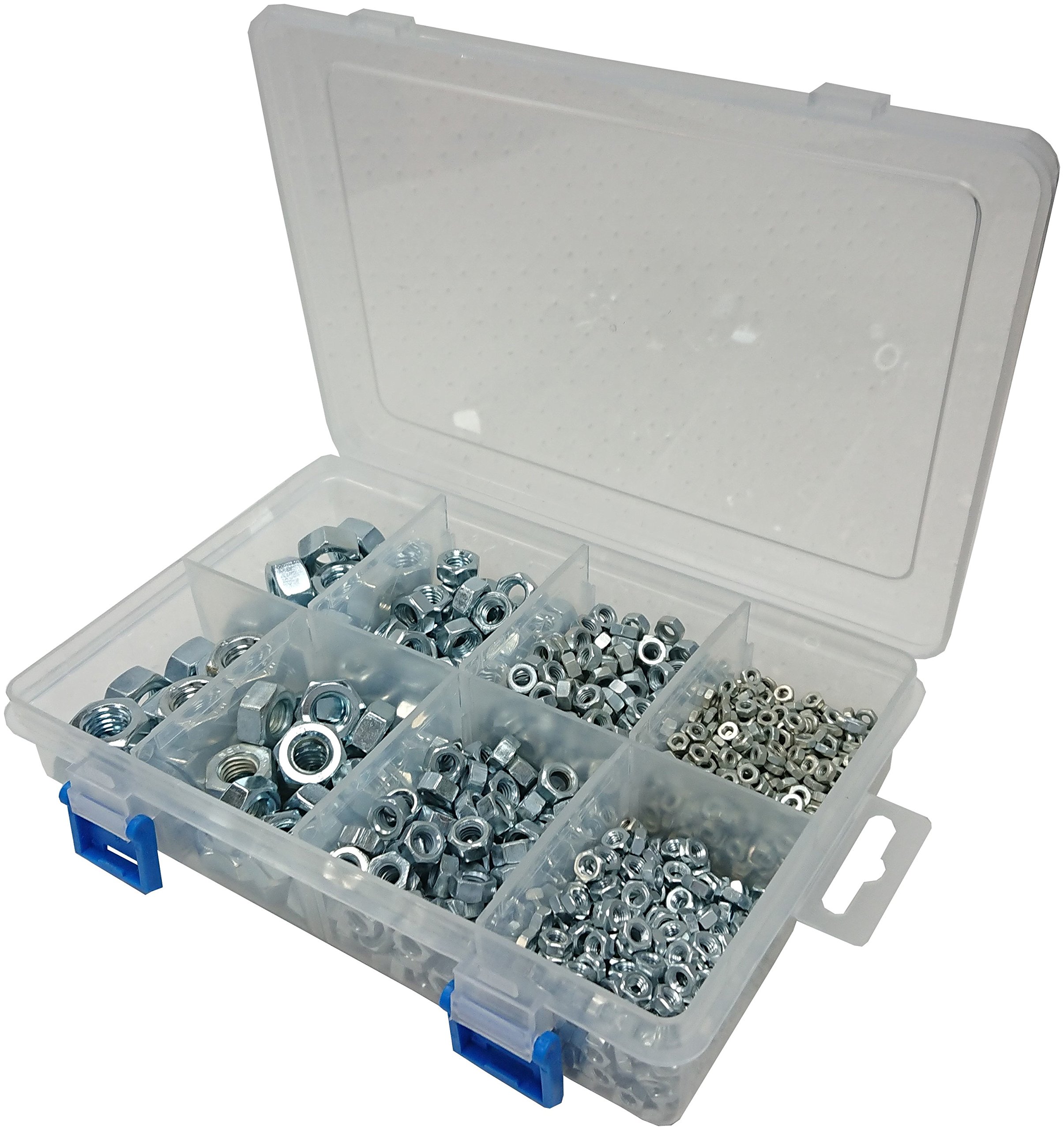 Merriway BH06602 (1000 Pcs) Assortment of BZP Steel Hex Nuts in a 8 Compartment Carry Case - Pack of 1000 Pieces