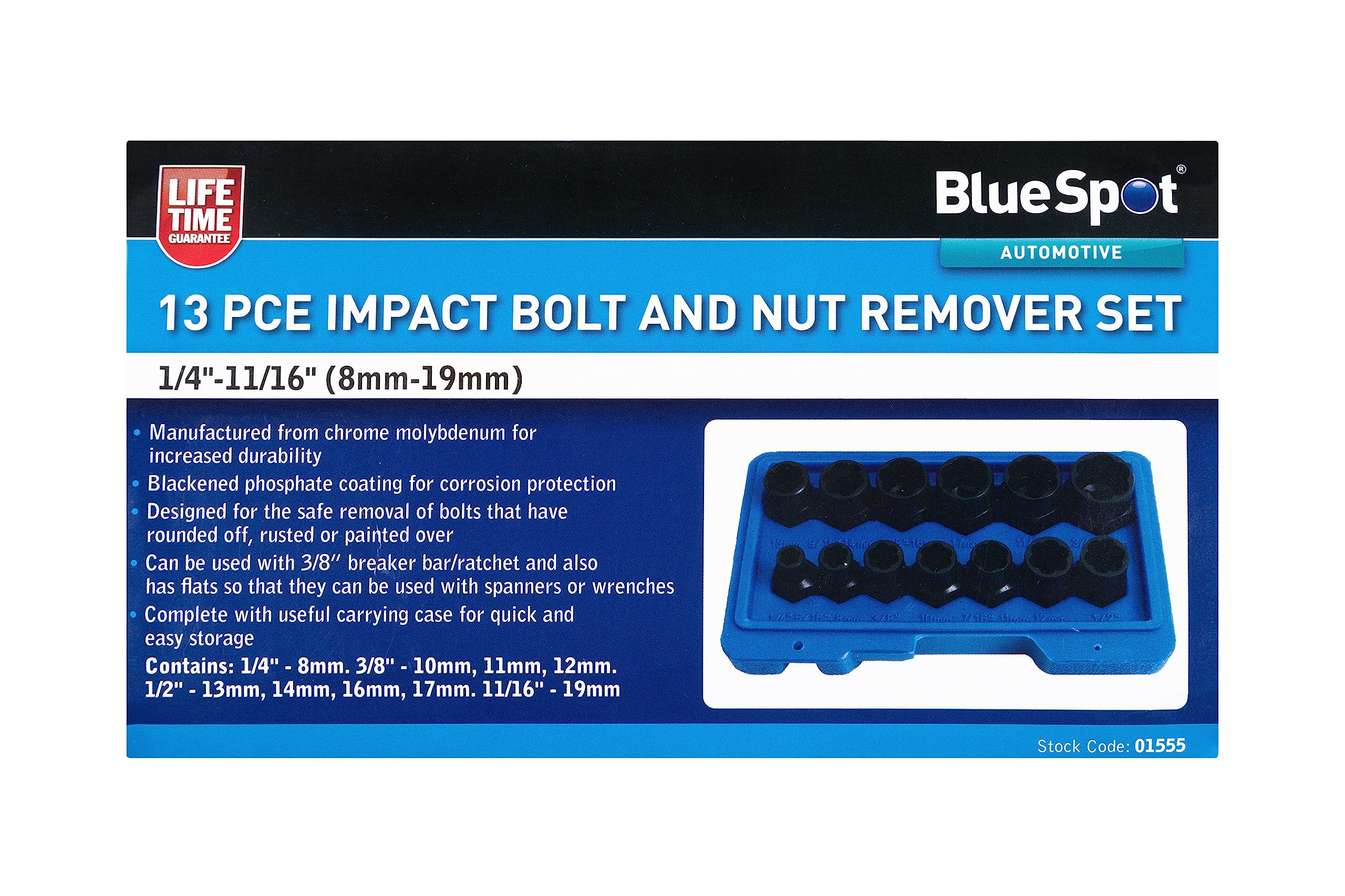 Blue Spot Tools 13 PCE Impact Bolt and Nut Remover Set (1/4"-11/16") (8mm-19mm)