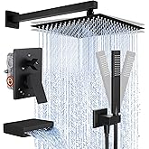 KES Black Shower Faucet Set Complete, 12 Inch Rainfall Shower Head with Handheld Spray, Waterfall Tub Spout Bathtub Faucet, Shower System, Regaderas Modernas Para Ducha, XB6305F18S12-BK