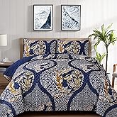 DJY Navy Quilt Set Queen, 3 Pieces Gold Damask Bedspread Queen Sizes Coverlet Set Soft Lightweight Microfiber Bedding Set for All Season (96"x90")