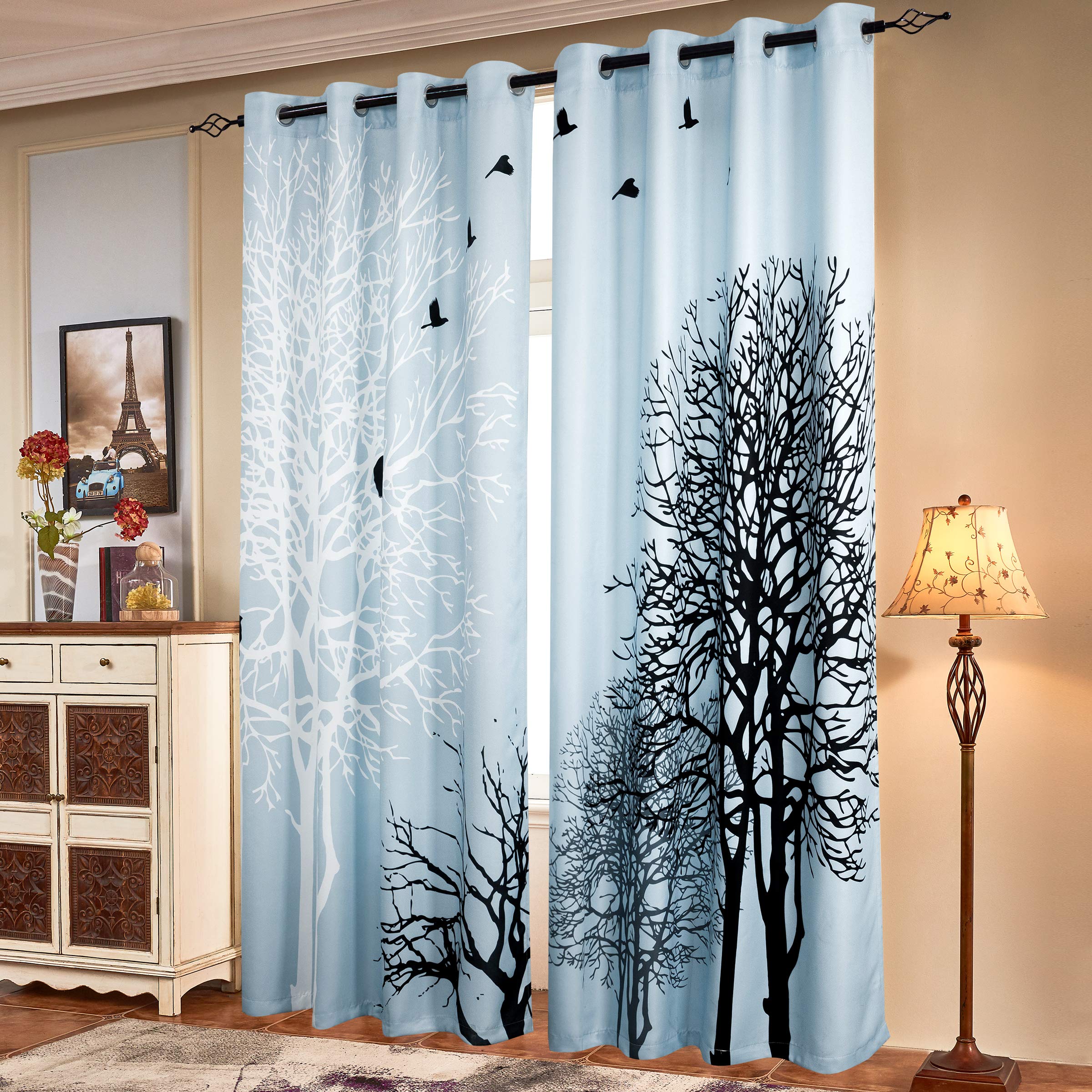 SUBRTEX Light Flitering Curtains 52Wx95L, Room Darkening Vibrant Floral Drapes, 50% Blackout, Semi Sheer Boho Farmhouse Curtains for Living Room, Light Blue