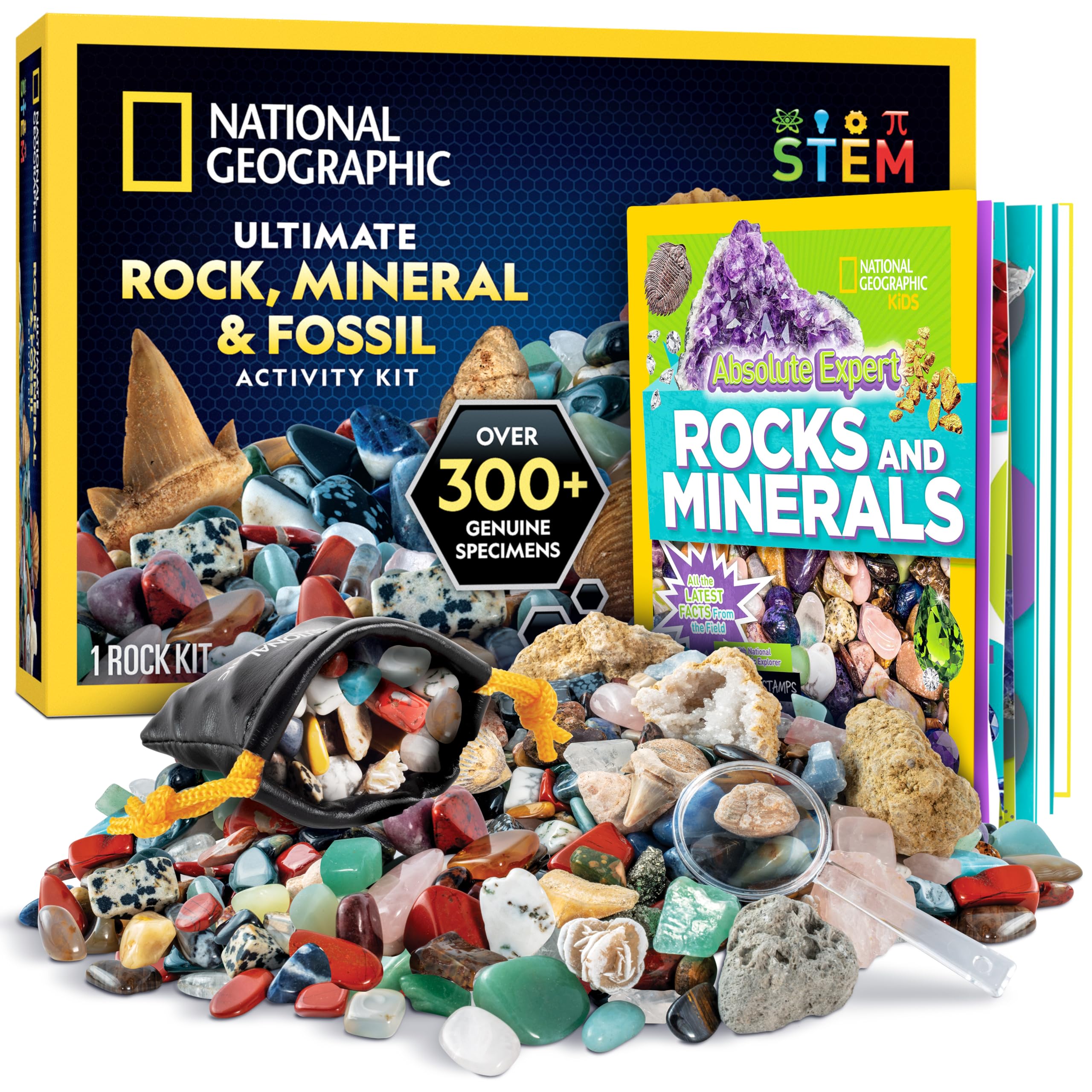 NATIONAL GEOGRAPHIC Rock Collection Box for Kids – 300+ Piece Rock Set with Real Fossils, Gemstones, and Crystals- Includes Absolute Expert: Rocks & Minerals Full-Color Book (Amazon Exclusive)