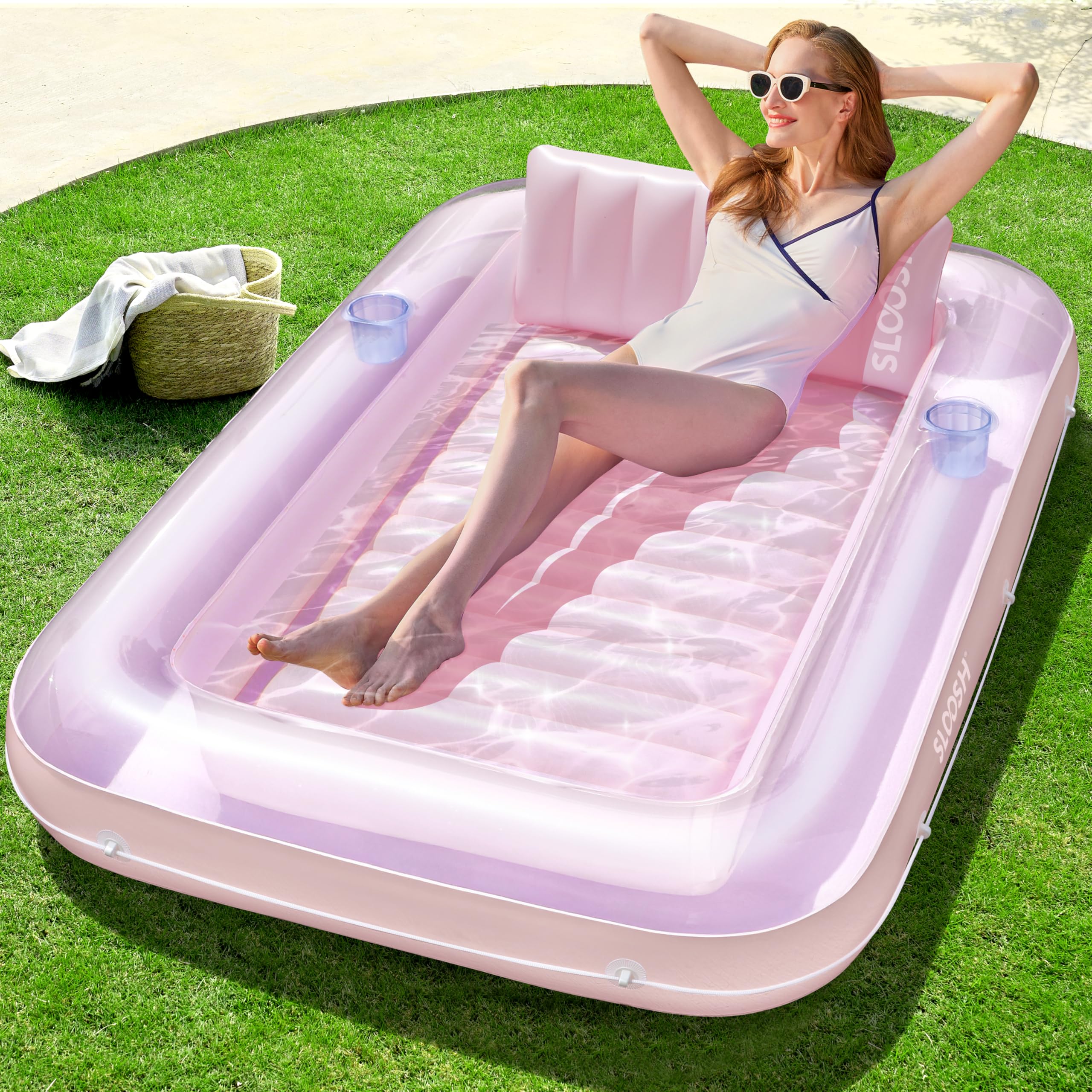 Photo 1 of SLOOSH Inflatable Tanning Pool Lounger Float, 70" x 46" Pool Floats Adult with Pillow, 4 in 1 Suntan Tub Raft Floatie,Sunbathing Bed Lounge for Water Blow Up Kids Ball Pit Party Gifts, L-Purple Pink