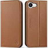 SHIELDON Wallet Case for iPhone 16e 6.1" 2025, Genuine Leather Flip Case Magnetic RFID Blocking Card Holder Kickstand Shockproof TPU Protective Cover Compatible with iPhone 16e 5G - Saddle Brown