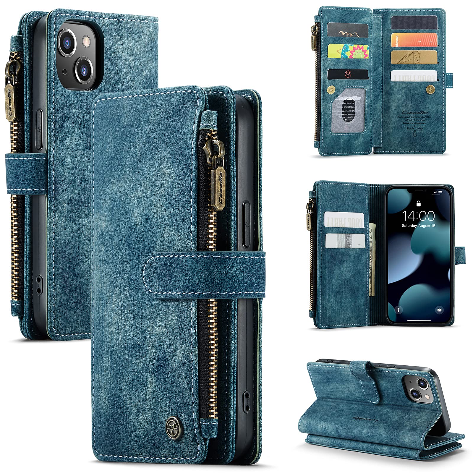 SeNool Case Compatible with iPhone 13, Premium Leather Wallet Case with [Credit Card Holder Slot] [Kickstand Flip] [Magnetic Closure] Protective Cover Compatible with iPhone 13 - Blue-Green