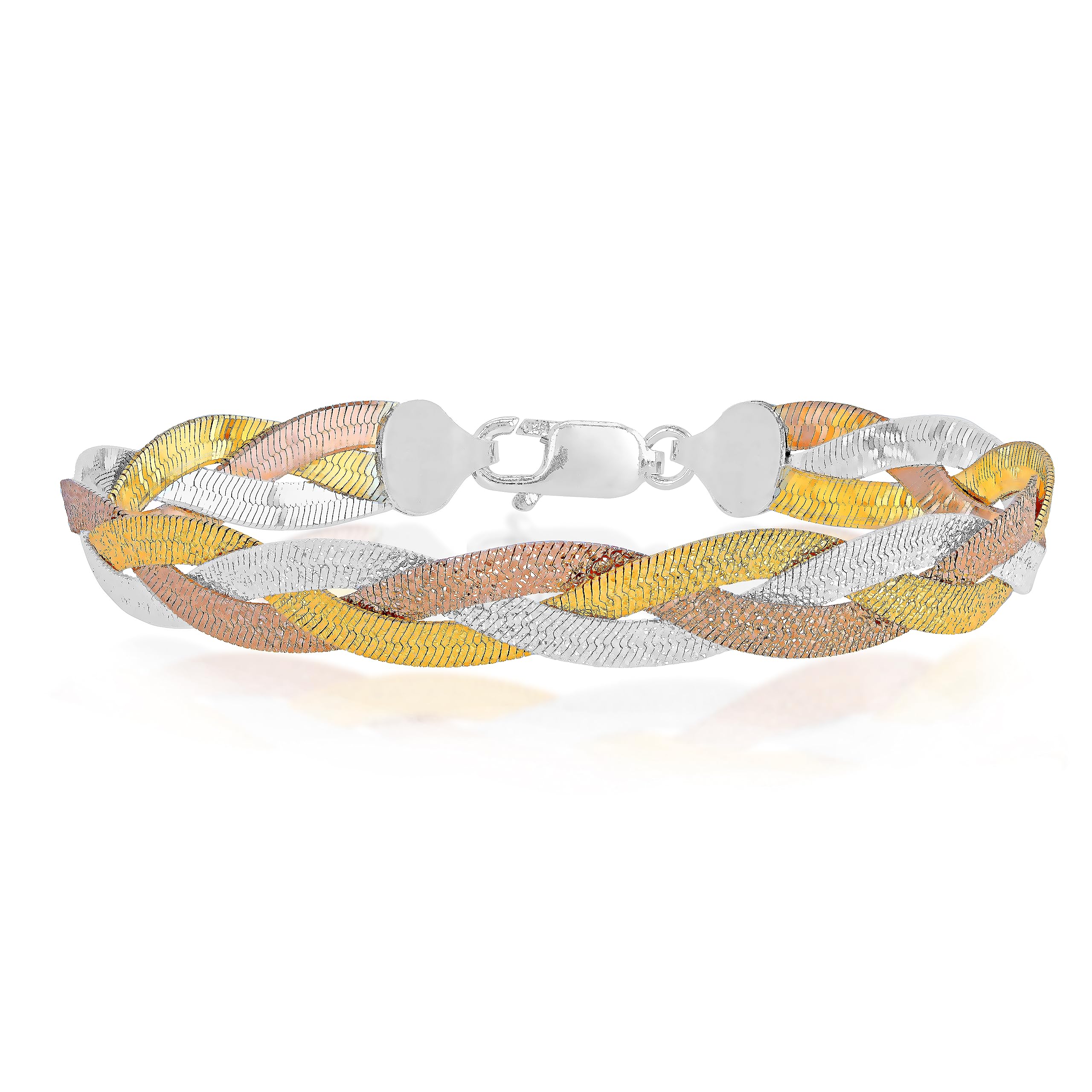 Tuscany Silver Women's Sterling Silver 3 Tone Textured 3 Plait Herringbone Bracelet 19cm/7.5"